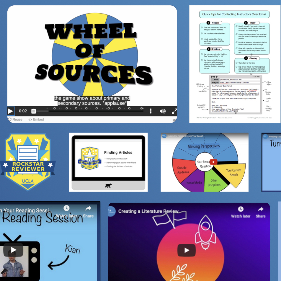 A gallery of online learning modules, social media posts, and handouts created by the WI+RE team.
