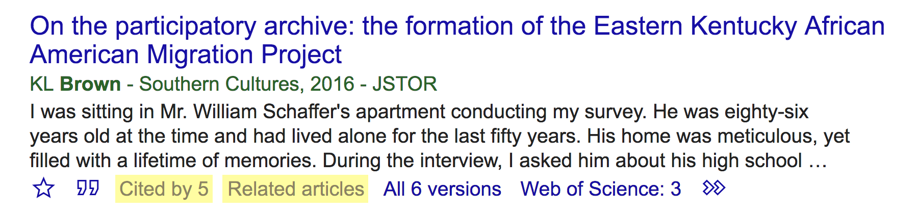 A screenshot showing that the cited by and related articles buttons are located under the description of the article.