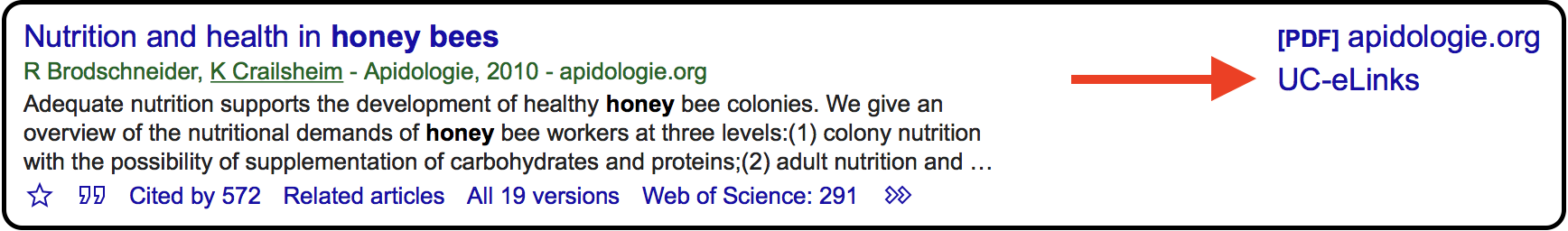 A screenshot showing the location of the UC-eLinks button, directly to the right of an applicable search result.